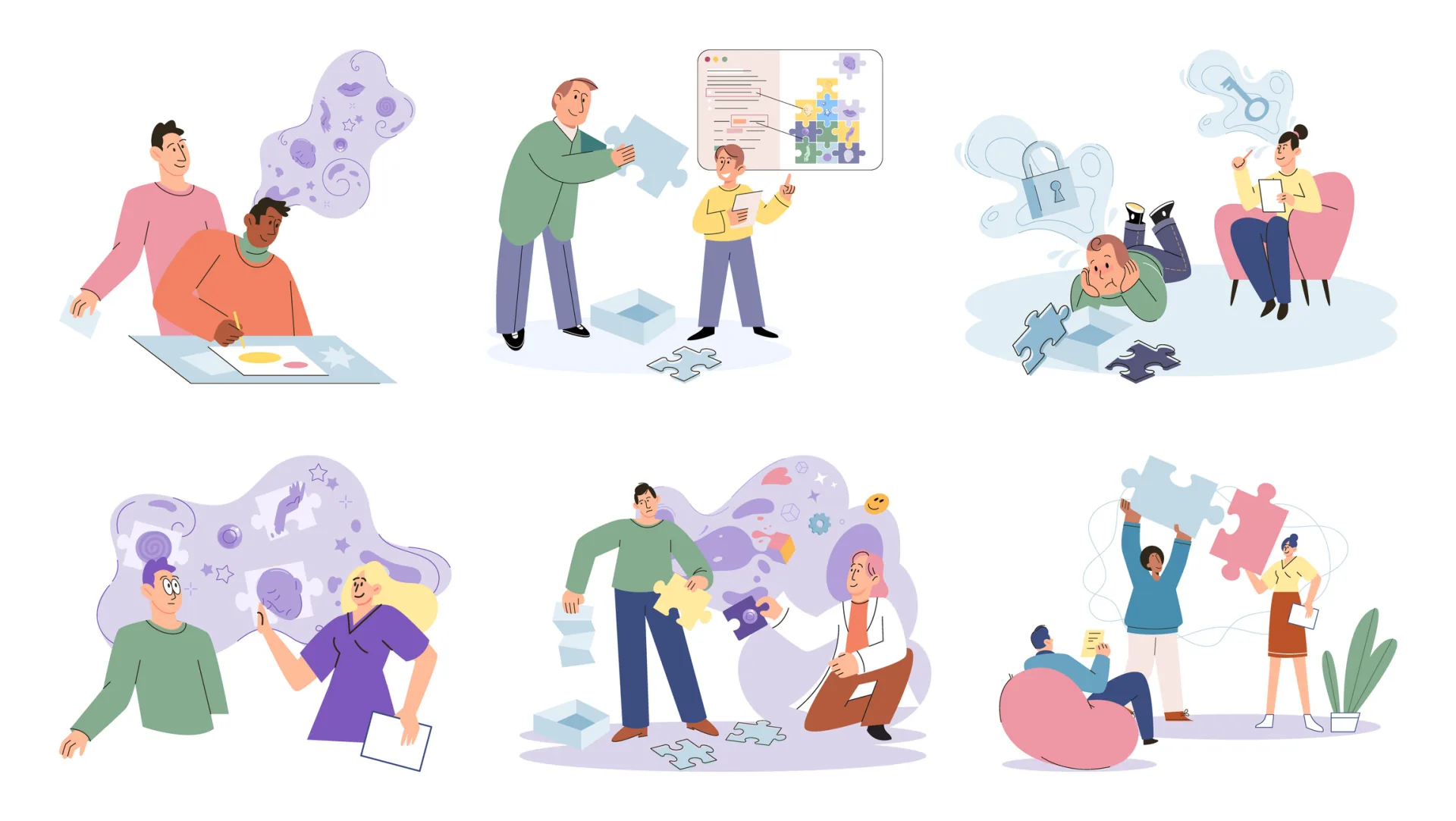 Illustrationen zur logopädischen Arbeit: sechs kleine Szenen mit Puzzleteilen, Sprechblasen und Gesprächssituationen
