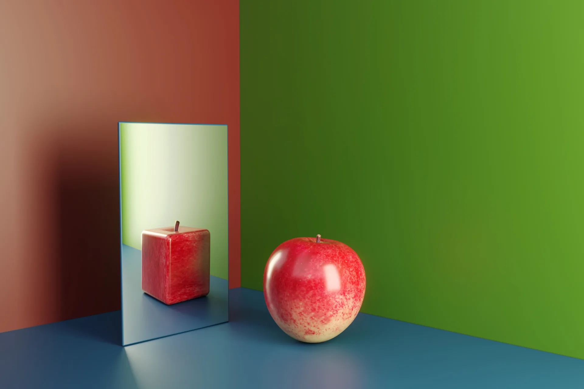 Roter Apfel auf blauer Fläche vor grüner Wand, daneben ein Spiegel, in dem der Apfel eckig verzerrt erscheint