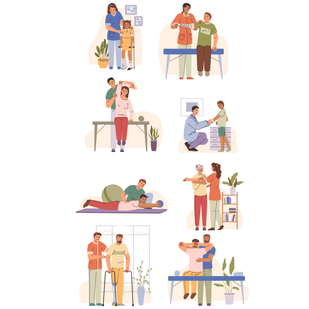 Illustration einer Therapiesituation mit Übungen für Beweglichkeit und Kraft